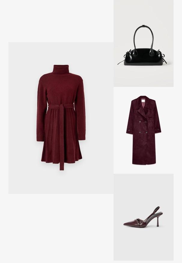 Burgunderfarbener Wildleder-Trenchcoat, doppelt knöpfbares Design, große Revers, seitliche Taschen, verstellbare Bündchen, ungefüttertes Innenfutter.; Burgunderfarbendes langärmliges Strickkleid mit Rollkragen und Bindegürtel, das einen plissierten Rock und gerippte Bündchen an den Ärmeln aufweist.; Bordeauxroter Slingback-Pumps aus Lackleder mit spitz zulaufender Vorderkappe, dünnem Knöchelriemen und kleiner dekorativer Schnalle. Glatte Textur und hoher Absatz.; Kleine schwarze glänzende Handtasche mit zwei langen Griffen und seitlichen Kordelzug-Details vor einfachem hellem Hintergrund.