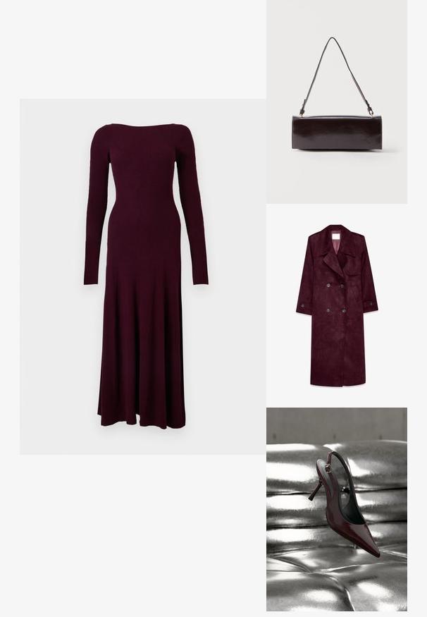 Bordeaux suède trenchcoat, dubbelzijdig design, grote revers, zijzakken, verstelbare manchetten, ongevoerd interieur.; Midi-jurk met lange mouwen van geribbelde gebreide stof in diep bordeaux, met een aansluitend lijfje en licht uitlopende rok tegen een witte achtergrond.; Donkerrode slingback hoge hak schoen met puntige neus, rustend op een glanzend metalen zilverkleurig gevoerd oppervlak.; Rechthoekige zwarte leren handtas met een enkele lange schouderband en een glanzende afwerking, weergegeven tegen een effen witte achtergrond.