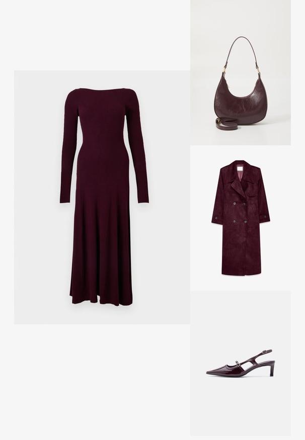 Burgundy ruskind trenchcoat, dobbeltradet design, store kraver, sidelommer, justerbare manchetter, uforet inderside.; Langærmet, ribstrikket midi-kjole i dyb burgunder med tætsiddende korset og let udskåret nederdel mod hvid baggrund.; Bordeaux laklæder slingback-sko med spids tå, lav hæl og dobbelte justerbare spænderem.; Bordeaux læder skuldertaske med en buet form, lynlås lukning og en aftagelig rem. Har en glat overflade og guldfarvede hardware detaljer.
