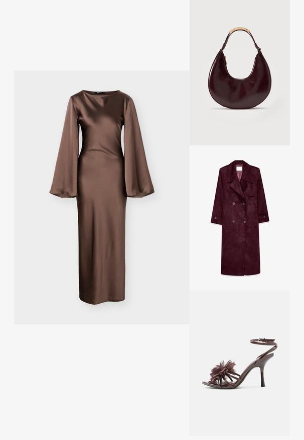 Burgunderfarbener Wildleder-Trenchcoat, doppelt knöpfbares Design, große Revers, seitliche Taschen, verstellbare Bündchen, ungefüttertes Innenfutter.; Langes Kleid aus braunem Satin mit figurbetontem Oberteil, Bootsausschnitt und weiten Glockenärmeln, das bis zum Knöchel reicht.; Braune Sandale aus Lackleder mit hohem Absatz, Knöchelriemen und großem Blumenmuster aus Stoff auf den vorderen Riemen.; Dunkelbraune, halbmondförmige Ledertasche mit kurzem Griff, der eine goldfarbene Metallbacke und einen Seitenreißverschluss aufweist.