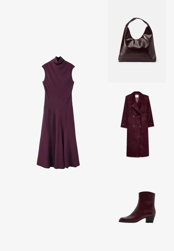 Burgunderfarbener Wildleder-Trenchcoat, doppelt knöpfbares Design, große Revers, seitliche Taschen, verstellbare Bündchen, ungefüttertes Innenfutter.; Ärmelloses, dunkelviolettes Kleid mit hochgeschlossenem Kragen, anliegendem Oberteil und ausgestelltem Rock, mit diagonalen Nahtdetails und Knopfverschluss am Hals.; Bordeauxfarbene Leder-Ankle Boots mit leicht spitz zulaufender Zehenpartie, mittelhohem Blockabsatz und Nahtdetails an der Seite. Glatte Textur und minimalistisches Design.; Burgunderfarbene, glänzende tote Bag aus veganem Leder mit einer weichen, skulpturalen Form und einem breiten, geschwungenen Henkel für einfaches Tragen.