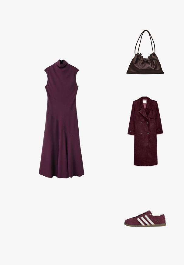 Manteau trench en daim bourgogne, design double boutonnage, grande col, poches latérales, poignets ajustables, intérieur non doublé.; Robe sans manches à col montant de couleur violet foncé, avec un corsage ajusté et une jupe évasée, présentant des détails de coutures diagonales et une fermeture à boutons au niveau du col.; Baskets en daim bordeaux avec accents rayés blancs, bout arrondi et semelle en caoutchouc gomme. Comprend une étiquette logo sur le côté extérieur.; Sac à main en cuir brun foncé souple avec une forme flasque et deux fines bretelles sur fond blanc.