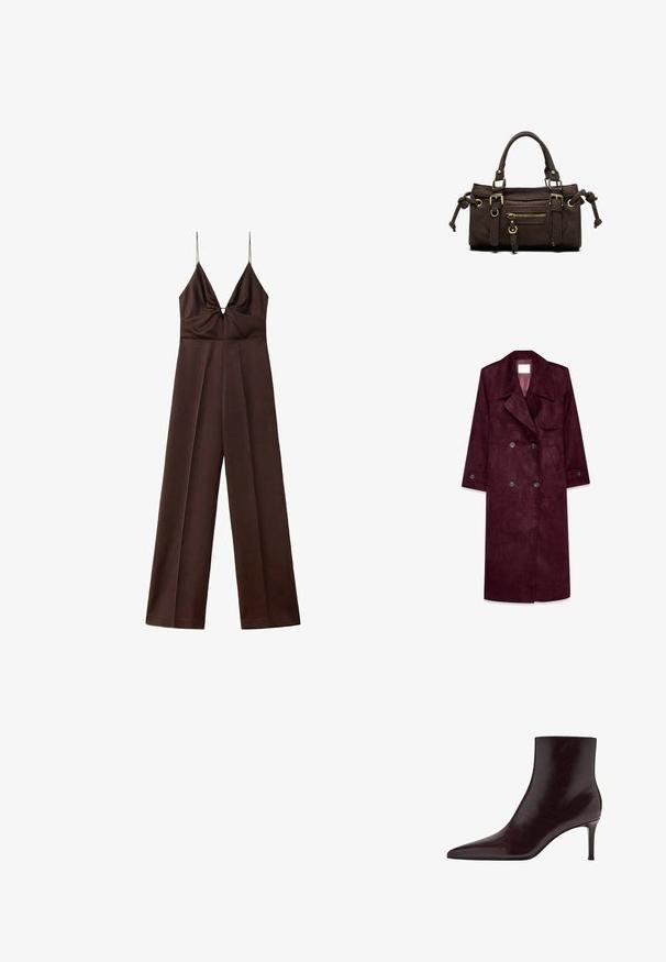 Burgundy ruskind trenchcoat, dobbeltradet design, store kraver, sidelommer, justerbare manchetter, uforet inderside.; Mørkebrunt jumpsuit med vide ben, tynde spaghetti-stropper og en dyb V-halsudskæring med rynkede detaljer ved brystet.; Bordeaux læder ankelstøvle med spids tå, slankt design og høj stilettohæl. Glat tekstur med subtile korndetaljer.; Mørkebrun læderhåndtaske med dobbelte håndtag, forreste lynlåslomme, dekorative spænder og sideknuder på hvid baggrund.