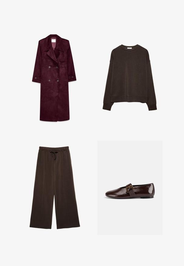 Burgunderfarbener Wildleder-Trenchcoat, doppelt knöpfbares Design, große Revers, seitliche Taschen, verstellbare Bündchen, ungefüttertes Innenfutter.; Dunkelbrauner Pullover aus weichem Stoff mit Rundhalsausschnitt, überschnittenen Schultern und kurzem Saum. Ohne Muster oder Beschläge.; Braune Hose mit weitem Bein, elastischem Bund und Kordelzug, aus weichem Stoff, vor weißem Hintergrund gezeigt.; Dunkelbrauner Lacklederschuh mit großer goldener Schnalle und abgerundeter Spitze, seitlich vor weißem Hintergrund dargestellt.