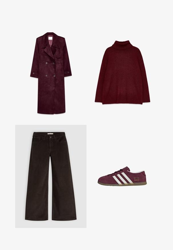 Burgunderfarbener Wildleder-Trenchcoat, doppelt knöpfbares Design, große Revers, seitliche Taschen, verstellbare Bündchen, ungefüttertes Innenfutter.; Burgunderfarbener, gestrickter Rollkragensweater mit geripptem Kragen und Bündchen. Boxy-Schnitt und weiche Textur, mit herabfallenden Schultern und weit geschnittenem Körper.; Dunkelbraune Cordhose mit weitem Bein, Vordertaschen, Gürtelschlaufen und Knopfverschluss, auf einem einfarbigen hellen Hintergrund dargestellt.; Sneaker aus kastanienbraunem Wildleder mit weißen Streifenakzenten, abgerundetem Zehenbereich und einer Laufsohle aus Kaugummirubber. Verfügt über ein Logoetikett an der Außenseite.