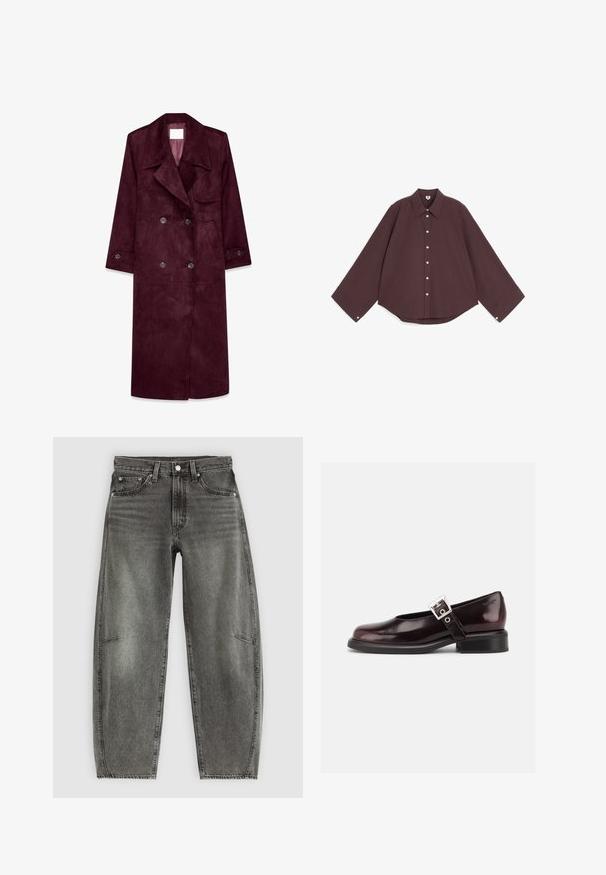 Gabardina de ante burdeos, diseño de doble botonadura, gran solapa, bolsillos laterales, puños ajustables, interior sin forro.; Camisa marrón oscuro de manga larga con botones, puños anchos y cuello puntiagudo, colocada plana sobre un fondo blanco.; Jeans de mezclilla gris deslavado de cintura alta con cinco bolsillos, cierre de botón y un corte recto relajado.; Zapato único Mary Jane brillante de color burdeos oscuro con correa ancha y hebilla plateada, tacón bloque bajo y punta redondeada sobre fondo blanco.