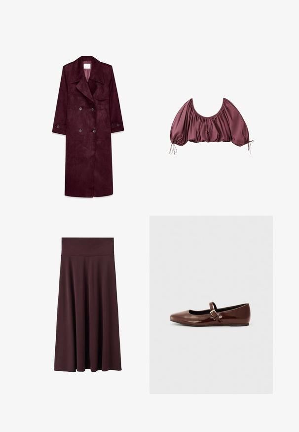 Manteau trench en daim bourgogne, design double boutonnage, grande col, poches latérales, poignets ajustables, intérieur non doublé.; Blouse courte épaules dénudées en mauve foncé, avec tissu froncé et manches bouffantes élastiquées, nouées aux poignets.; Jupe midi bordeaux en tissu doux avec une large ceinture élastique. Présente une coupe fluide qui se resserre légèrement vers l'ourlet.; Ballerine en cuir verni marron avec un bout carré et une lanière ornée d'une petite boucle dorée. Texture lisse, talon bas et design minimaliste.