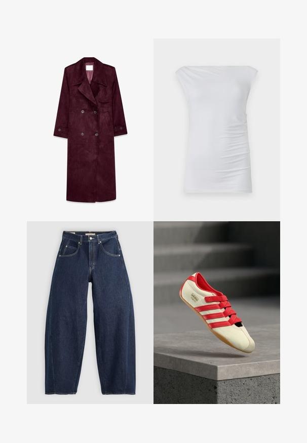 Gabardina de ante burdeos, diseño de doble botonadura, gran solapa, bolsillos laterales, puños ajustables, interior sin forro.; Top blanco de hombros al descubierto hecho de una tela suave; presenta un diseño ajustado con sutil fruncido lateral y textura lisa.; Jeans de mezclilla azul oscuro con un ajuste holgado, costuras claras, cinco bolsillos y un cierre de botón en la cintura.; Zapatilla deportiva roja y crema con tres rayas rojas, parte superior suave, suela de goma y tiras de velcro. Presenta un diseño elegante y de perfil bajo.