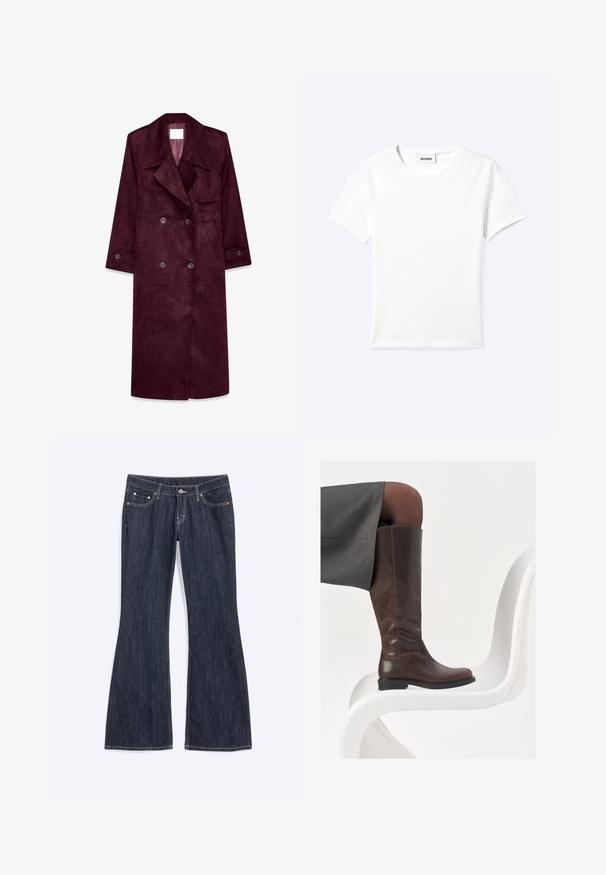 Burgunderfarbener Wildleder-Trenchcoat, doppelt knöpfbares Design, große Revers, seitliche Taschen, verstellbare Bündchen, ungefüttertes Innenfutter.; Einfaches weißes T-Shirt mit kurzen Ärmeln und Rundhalsausschnitt sowie kleinem "WEEKDAY"-Etikett im Nacken, flach auf einem hellen Hintergrund präsentiert.; Dunkelblaue Jeans aus Denim mit leichter Schlagweite am Bein, vorne Taschen, Knopf und sichtbaren Nähten.; Braune Lederstiefel bis zum Knie mit abgerundeter Spitze, glatter Oberfläche und minimalen Nähten, vor einem hellen Hintergrund auf einem weißen Stuhl.