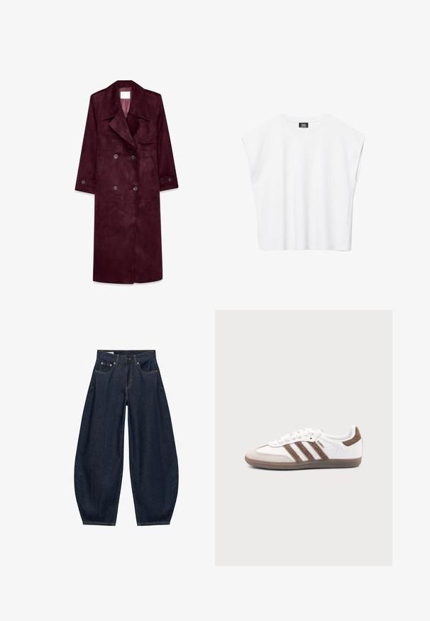 Burgunderfarbener Wildleder-Trenchcoat, doppelt knöpfbares Design, große Revers, seitliche Taschen, verstellbare Bündchen, ungefüttertes Innenfutter.; Weißes ärmelloses Crop-Top mit Rundhalsausschnitt, breiten Schultern und schwarzem "B6"-Etikett an der Innenseite des Kragens.; Dunkelblaue Jeans mit weitem Bein, vorderen Taschen, Gürtelschlaufen und Knopfverschluss in der Taille.; Weißer Adidas Samba Sneaker mit braunen Wildlederstreifen, brauner Gummisohle und beiger Wildlederkappe, von der Außenseite auf schlichtem Hintergrund gezeigt.