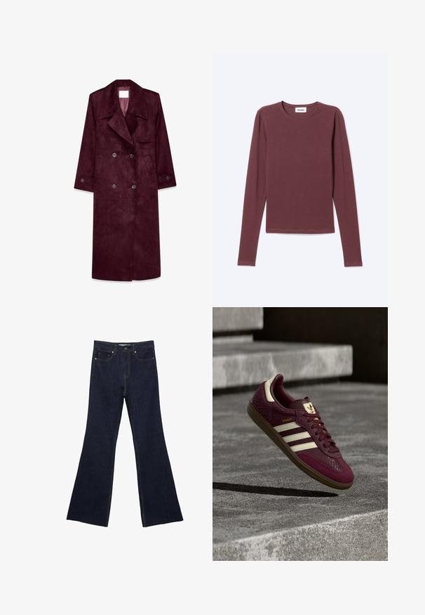 Bordeaux suède trenchcoat, dubbelzijdig design, grote revers, zijzakken, verstelbare manchetten, ongevoerd interieur.; Longsleeve shirt met ronde hals in effen donker mauve kleur met een rechte zoom en zichtbaar WEEKDAY merklabel binnen in de kraag.; Donkerblauwe spijkerbroek met flared pasvorm, voorzien van een standaard vijf-pocket ontwerp en zichtbare stiksels. De stof heeft een gladde textuur met minimale vervaging.; Bordeauxrode sneaker met getextureerd leer, drie witte strepen en gouden accenten. Rubberen zool, klassiek Samba-ontwerp en ademende mesh details.