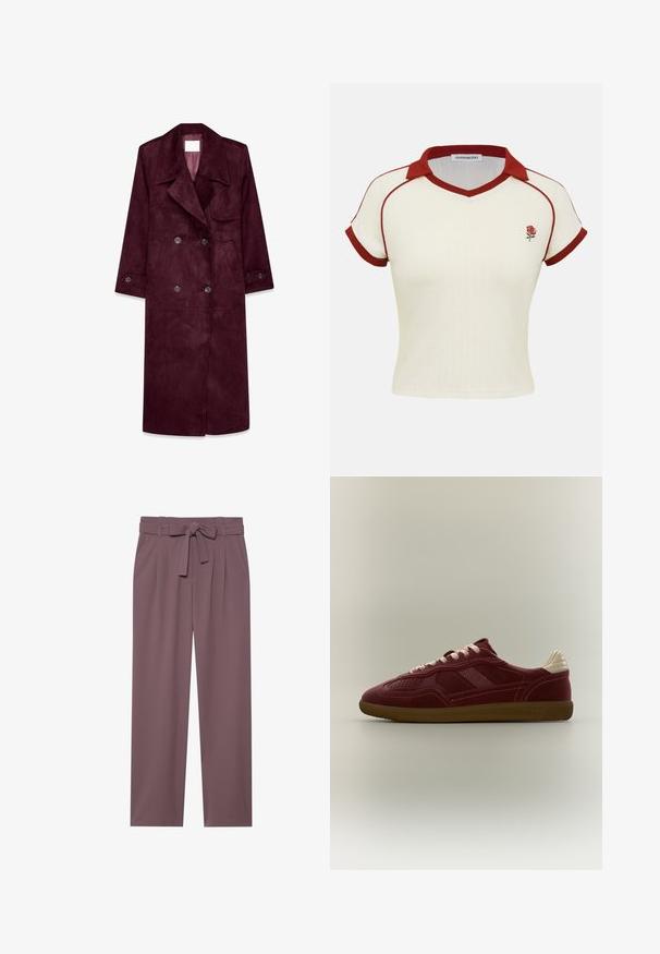 Bordeaux suède trenchcoat, dubbelzijdig design, grote revers, zijzakken, verstelbare manchetten, ongevoerd interieur.; Crèmekleurige gebreide top met korte mouwen, rode kraag, mouwranden, bies en kleine rode rozenborduursel op de linkerborst.; Plumkleurige wijde broek met een ceintuur, geplooid front en een zachte textuur. Beschikt over zijzakken en een op maat gemaakte uitstraling.; Lage bordeauxkleurige sneaker met rubberen zool, wit hielbandje en roze en witte veters, zijaanzicht op een neutrale achtergrond.