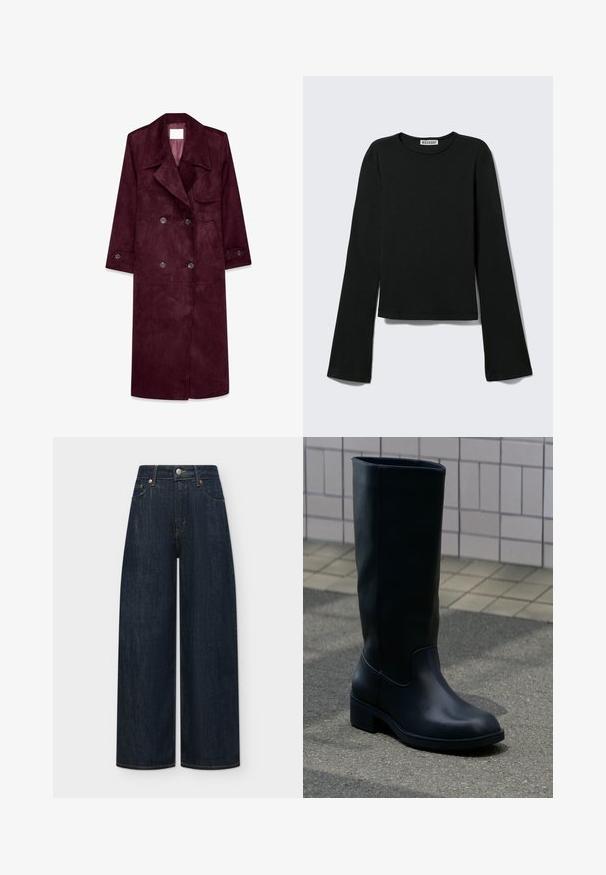 Gabardina de ante burdeos, diseño de doble botonadura, gran solapa, bolsillos laterales, puños ajustables, interior sin forro.; Camiseta negra de manga larga con cuello redondo, silueta ajustada y mangas ligeramente acampanadas, etiquetada con la marca "Weekday" en el cuello.; Vaqueros de mezclilla azul oscuro de pierna ancha con bolsillos delanteros, trabillas para el cinturón y cierre de botón metálico sobre un fondo liso.; Bota alta negra de cuero con tacón bajo y grueso que está sobre la acera cerca de una pared con azulejos de fondo.