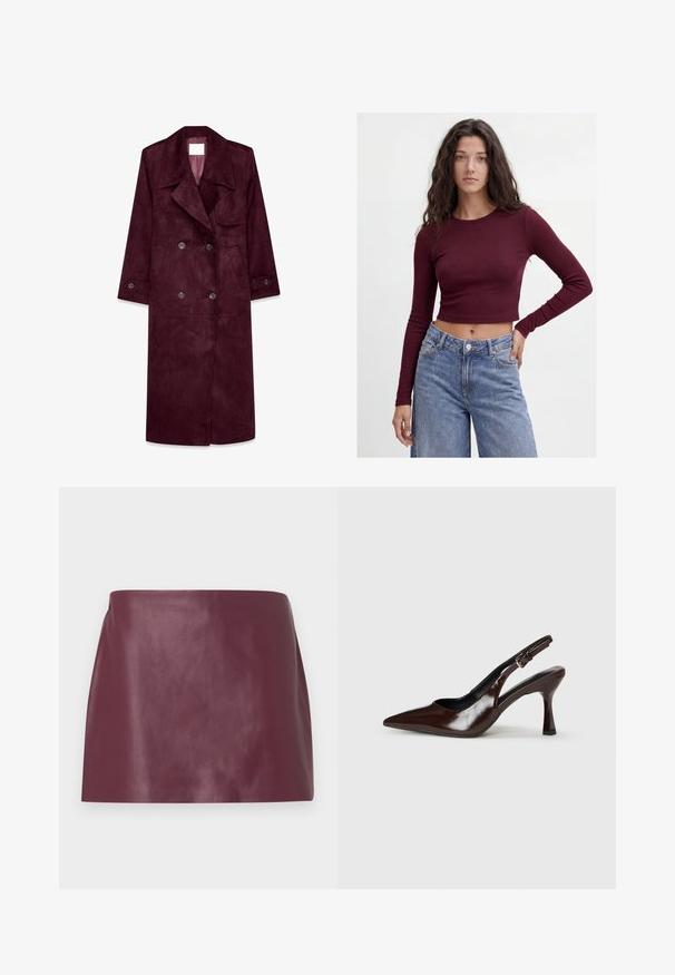 Gabardina de ante burdeos, diseño de doble botonadura, gran solapa, bolsillos laterales, puños ajustables, interior sin forro.; Joven con cabello largo y oscuro lleva una camiseta corta ajustada de mangas largas color granate y vaqueros azules de talle alto, de pie contra un fondo liso.; Mini falda de cuero burdeos suave con corte recto y sin adornos ni cierres visibles.; Zapatos de tacón slingback de charol marrón con punta afilada, tacón delgado y correa ajustable con una pequeña hebilla.