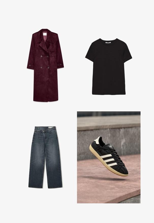 Burgundy ruskind trenchcoat, dobbeltradet design, store kraver, sidelommer, justerbare manchetter, uforet inderside.; Sort kortærmet t-shirt i bomuld med rund halsudskæring, standard pasform og synlig indvendig halsmærkat.; Mørk vaskede denim jeans med en bred benudskæring, der har høj talje, fem lommer og diskrete slidser på forsiden.; Sort Adidas sneaker med hvide striber og beige sål, fanget i luften over en stenet overflade og baggrund af en stenmur.