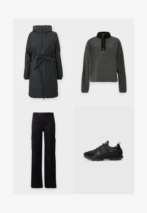 Abrigo de plumas largo y negro con capucha ajustable, cremallera frontal y cintura ceñida. Presenta puños elásticos y una textura suave.; Sudadera de polar verde oscuro con un alto cuello negro, que cuenta con una lengüeta de botones a presión y un tejido texturizado para abrigar.; Pantalones cargo negros fabricados con un material duradero, que cuentan con dos bolsillos laterales y un diseño de pierna recta. Textura suave con un ajuste clásico.; Zapatilla de trail running negra con suela rugosa, upper de malla y sintético, cierre de cordones y tirador, sobre un fondo blanco.