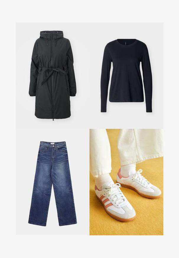 Zwarte, lange pufferjas met een trekkoordkap, rits aan de voorkant en een ceintuur in de taille. Heeft elastische manchetten en een gladde textuur.; Zwart langarm T-shirt met ronde hals, plat gelegd op een witte achtergrond, vooraanzicht met een schoon, simpel ontwerp.; Wijde spijkerbroek in donkerblauw, met een hoge taille, opvallende vervaging aan de voorkant en klassieke vijfzakkenstijl.; Witte sportschoenen met roze accenten, gemaakt van suede en leer, met een ronde neus en een rubberen zool, weergegeven met lichtgekleurde sokken op een gele achtergrond.