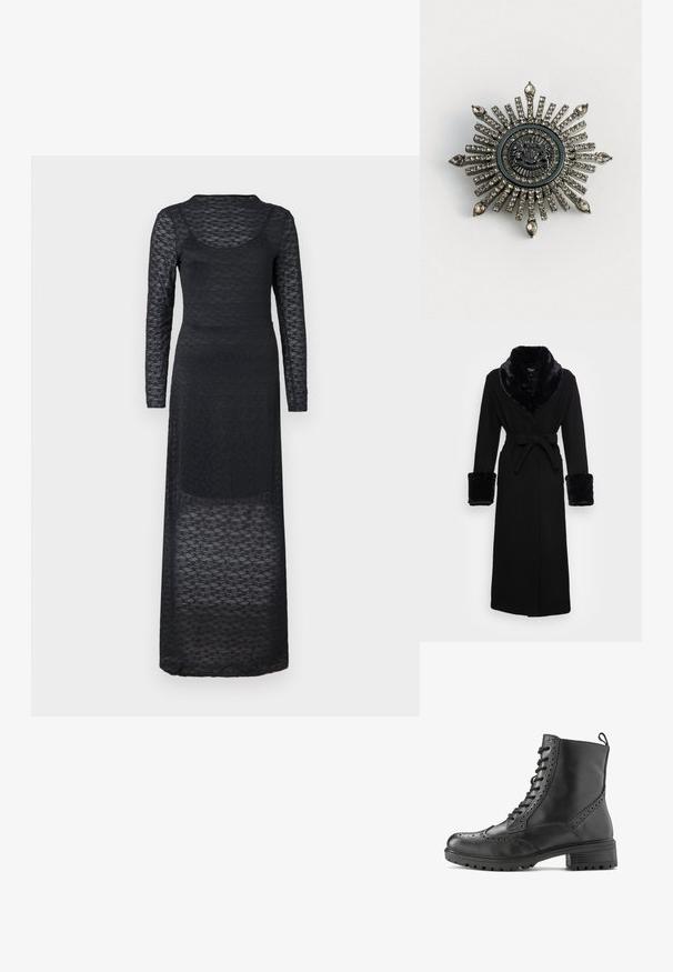 Zwarte robe met een nep bont sjaalkraag en manchetten, ceintuur in de taille, lange mouwen en een rechte zoom. Soepele textuur, elegante uitstraling.; Zwarte lange mouw jurk van doorschijnende gestructureerde stof, met een ronde halslijn en een aansluitende silhoeet die tot de enkels reikt.; Zwarte leren enkellaars met brogue details, vetersluiting, robuuste zool en een lusje bij de hiel voor gemakkelijk aan- en uittrekken.; Stervormige broche van zilverkleurig metaal met transparante rhinestones. Het centrale ontwerp heeft een ronde embleem met complexe details.