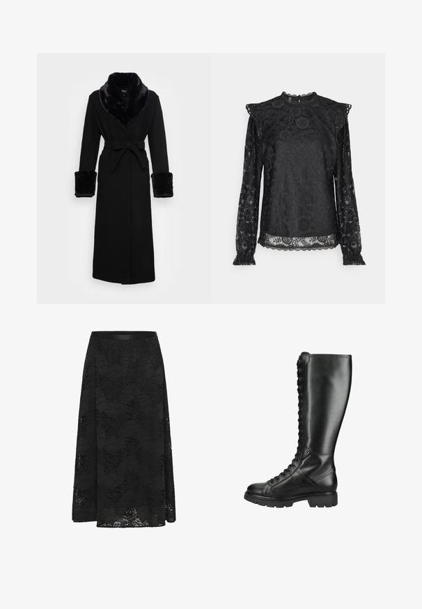 Zwarte robe met een nep bont sjaalkraag en manchetten, ceintuur in de taille, lange mouwen en een rechte zoom. Soepele textuur, elegante uitstraling.; PIECES Tall PCOLLINE - Blouse - black; Zwarte kanten rok met een uitlopende ontwerp. Heeft een bloemenpatroon, een gestructureerd oppervlak en een aansluitende tailleband. De lengte komt tot halverwege de kuit.; Hoge zwarte leren veterlaars met dikke zool en ronde neus, ontworpen voor zowel stijl als duurzaamheid.