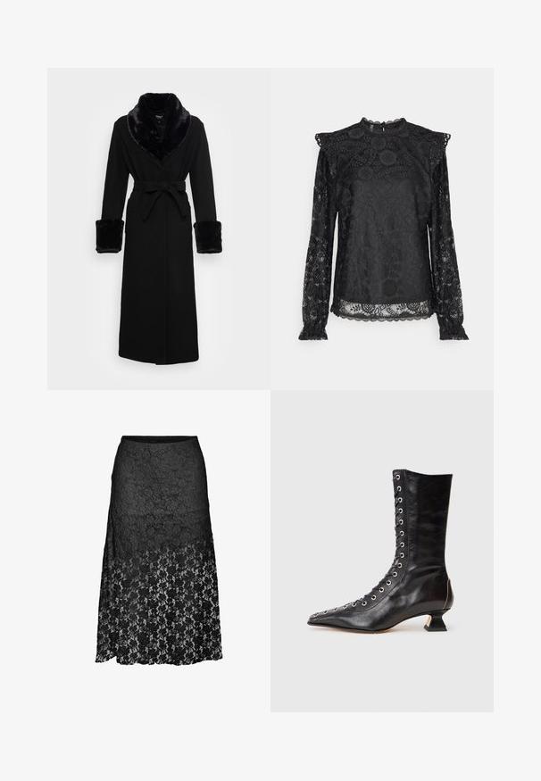 Zwarte robe met een nep bont sjaalkraag en manchetten, ceintuur in de taille, lange mouwen en een rechte zoom. Soepele textuur, elegante uitstraling.; PIECES Tall PCOLLINE - Blouse - black; Zwarte kanten midi-rok met bloemenpatroon, aangesloten taille en semi-transparant onderste gedeelte, getoond tegen een witte achtergrond.; Zwarte leren enkelboot met spitse neus, voorlacing, metalen oogjes, lage blokhak en een strakke uitstraling. Gladde textuur, moderne silhouette.
