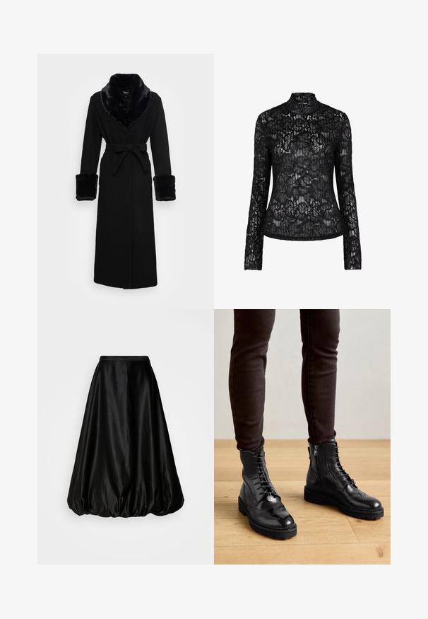 Zwarte robe met een nep bont sjaalkraag en manchetten, ceintuur in de taille, lange mouwen en een rechte zoom. Soepele textuur, elegante uitstraling.; Zwarte kanttop met hoge kraag, lange mouwen, bloemenpatroon en doorschijnende textuur. Slanke pasvorm en gegolfde randen.; Zwarte satijnen midi rok met een volumineuze, ballonvorm. Gladde textuur en een aansluitende taille, ontworpen voor een vloeiende silhouet.; Zwarte leren enkellaarsjes met brogue-details, een vetersluiting aan de voorkant, ritsen aan de zijkant en gestructureerde rubberen zolen. Gecombineerd met donkere slim-fit broek.