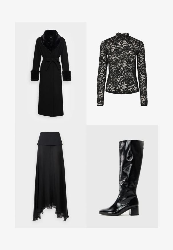 Zwarte robe met een nep bont sjaalkraag en manchetten, ceintuur in de taille, lange mouwen en een rechte zoom. Soepele textuur, elegante uitstraling.; Zwarte kant lange mouwen top met een hoge nek en gerimpelde afwerking, bloemmotieven en een doorschijnende textuur. Ontworpen voor een aansluitende silhouet.; Zwarte maxi-rok met hoge taille, een gelaagde tailleband en een asymmetrische doorschijnende zoom met zachte ruches.; Zwarte kniehoge laarzen met een glanzende lakafwerking, puntige neus en blokhak. Heeft een gladde textuur en een aansluitend ontwerp.
