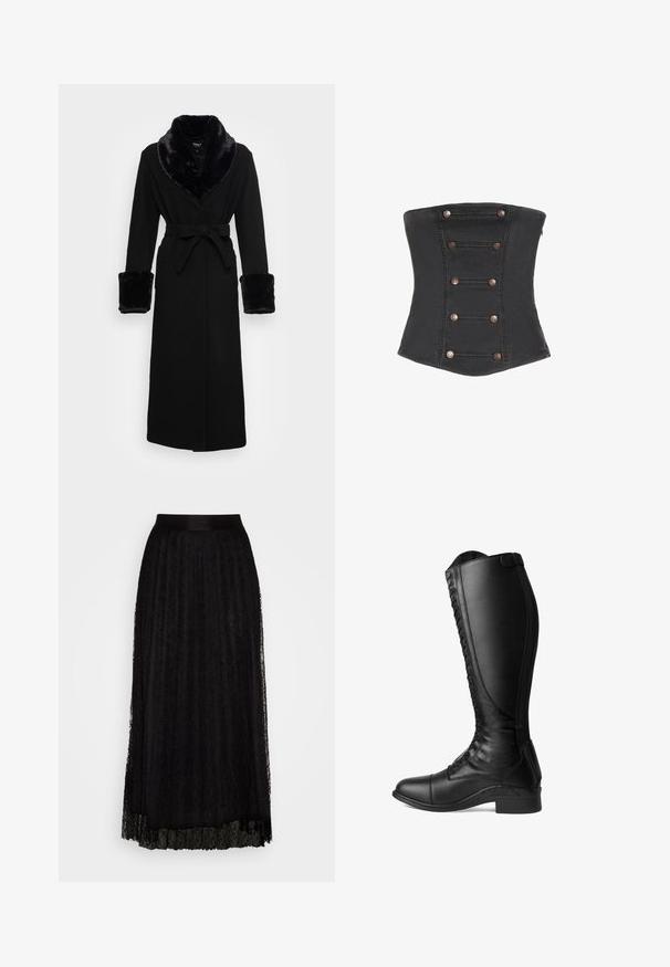 Zwarte robe met een nep bont sjaalkraag en manchetten, ceintuur in de taille, lange mouwen en een rechte zoom. Soepele textuur, elegante uitstraling.; Zwart strapless korset met zes paar decoratieve koperen knopen, verticaal gerangschikt aan de voorkant.; Zwarte maxi rok van kant met een gestructureerd patroon, voorzien van een gladde tailleband en een gelaagd, vloeiend ontwerp.; Zwarte leren rijlaarzen met een hoge schacht, veter sluiting aan de voorkant, een ronde neus en een lage hak. Glad textuur en slank ontwerp.