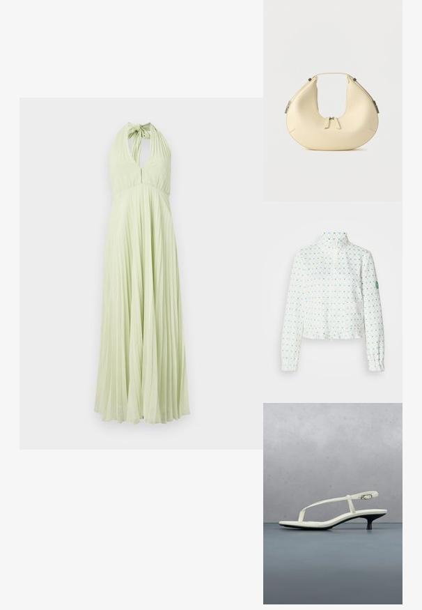 Veste blanche courte avec un col montant, présentant un motif en losanges composé de cœurs bleus et verts, des poignets élastiques et une fermeture zippée à l'avant.; Robe plissée à col halter en vert clair, avec un dos ouvert et un corsage ajusté qui s'évase en une jupe évasée. Texture lisse sur toute la surface.; Sandale blanche à talon kitten avec des lanières et un bout pointu, flottant au-dessus d'un sol en carrelage en bois en plein air avec un arrière-plan flou de plante et de mur.; Sac à main beige en forme de croissant avec fermeture à double fermeture éclair et poignée courte, avec des détails en métal argenté sur les côtés.