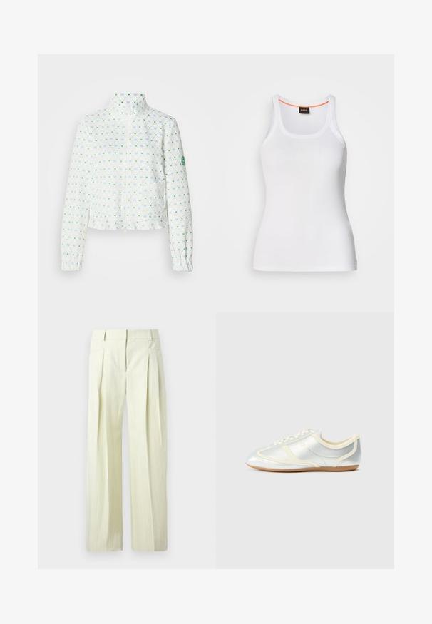 Veste blanche courte avec un col montant, présentant un motif en losanges composé de cœurs bleus et verts, des poignets élastiques et une fermeture zippée à l'avant.; Débardeur blanc côtelé avec un col rond, présentant un design à bretelles étroites et un accent orange le long de l'intérieur du col. Logo de la marque affiché.; Pantalon ample couleur crème avec fines rayures verticales, plis à l'avant, poches latérales, et passants pour ceinture.; Baskets synthétiques argentées avec accents crème, profil bas, bout arrondi et semelle en caoutchouc plate ; dotées de coutures classiques et d'une fermeture à lacets.