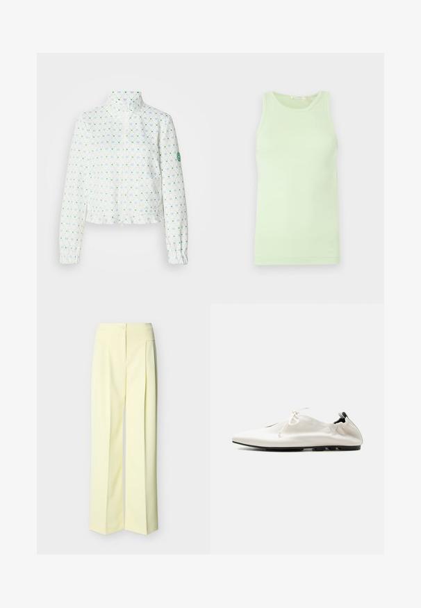 Veste blanche courte avec un col montant, présentant un motif en losanges composé de cœurs bleus et verts, des poignets élastiques et une fermeture zippée à l'avant.; Débardeur vert clair sans manches avec encolure ronde, tissu lisse et détail subtil du logo sur l'ourlet inférieur.; Pantalon ample taille haute jaune pâle avec fermeture à bouton et zip sur le devant, et détails plissés sur un fond uni.; Chaussure blanche minimaliste en cuir à enfiler avec talon rentré, fermeture à lacets et semelle fine noire sur fond uni.