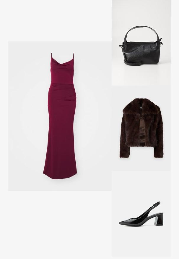 Veste en fausse fourrure marron avec un large col, design court et texture douce. Doublure en satin sans fermetures ni embellissements visibles.; Robe maxi bourgogne avec un décolleté arrondi, des fines bretelles, un corsage ajusté et des détails drapés sur la hanche pour une silhouette élégante.; Chaussure slingback en cuir verni noir avec bout pointu et talon bloc épais de hauteur moyenne sur fond blanc.; Sac à main en cuir noir au design structuré, avec une poignée arrondie et une bandoulière amovible. Présente une texture lisse et un éclat subtil.