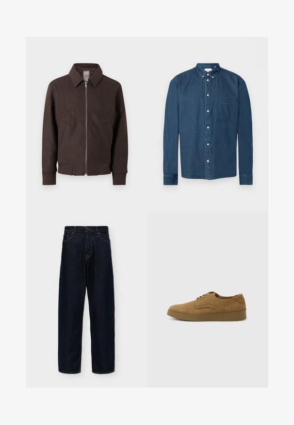 Veste zippée en laine marron avec col, poignets et ourlet côtelés, et deux poches avant, présentée sur un fond blanc.; Chemise en denim bleu foncé boutonnée, manches longues, une poche avant à gauche et un col boutonné, présentée sur fond blanc.; Jeans denim bleu foncé à coupe droite, fermeture avant par bouton et zip, passants de ceinture et design à cinq poches.; Chaussure décontractée à lacets en daim marron avec semelle en caoutchouc plate, vue de côté sur un fond clair uni.
