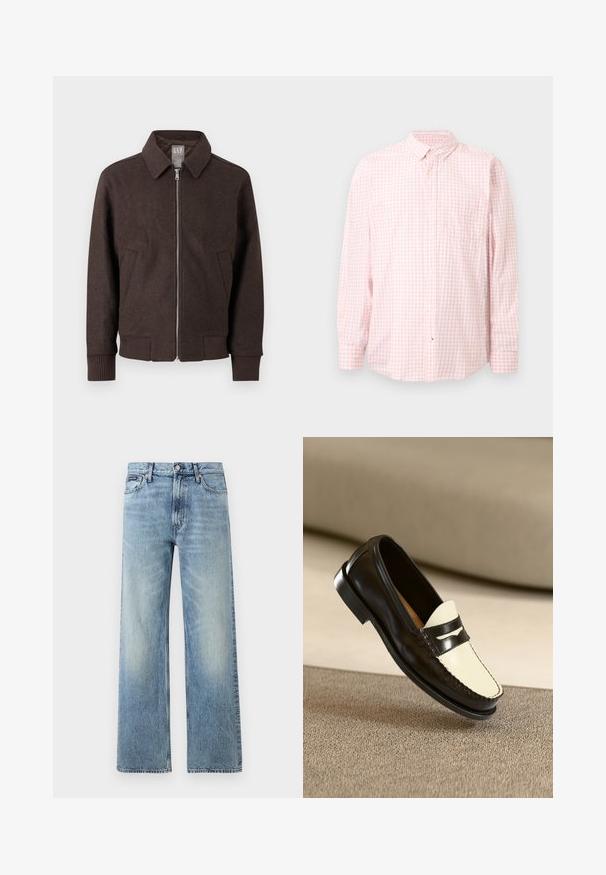 Veste zippée en laine marron avec col, poignets et ourlet côtelés, et deux poches avant, présentée sur un fond blanc.; Chemise à manches longues à carreaux rose clair et blanc, boutonnée, avec col et poche poitrine, présentée sur un fond uni.; Jean droit en denim bleu clair avec taille haute, cinq poches, fermeture à boutons et léger délavage sur les cuisses et les genoux.; Mocassin en cuir noir avec un empeigne crème et des rayures noires, présentant un petit talon et des coutures détaillées le long des bords.