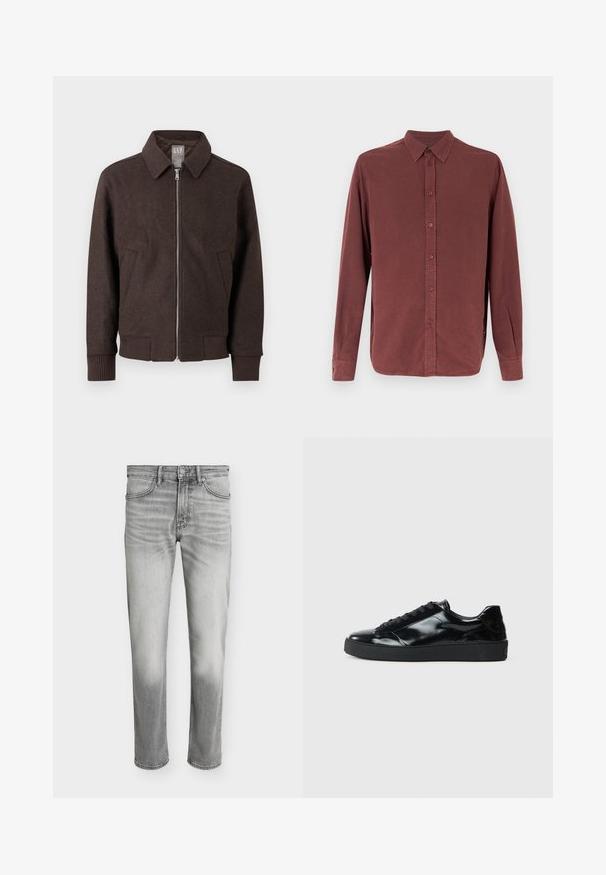 Veste zippée en laine marron avec col, poignets et ourlet côtelés, et deux poches avant, présentée sur un fond blanc.; Chemise à manches longues à boutons en bordeaux atténué avec un col classique et des poignets à un bouton, présentée sur un fond blanc.; Jean droit gris clair avec poches avant, passants de ceinture, fermeture par bouton et détails d’effilochage subtils sur les cuisses et les genoux.; Baskets en cuir verni noir avec un bout arrondi, un laçage, une semelle en caoutchouc texturé et une finition lisse.
