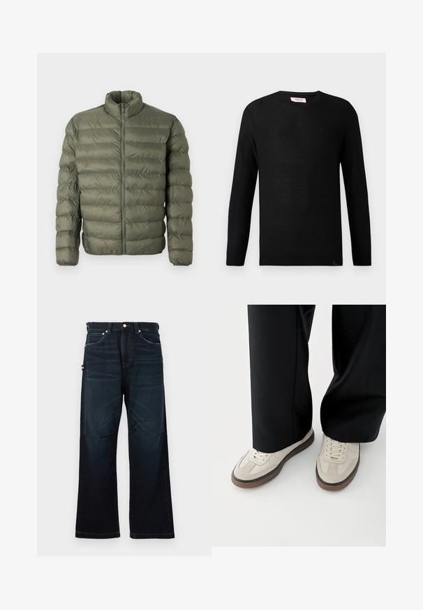 Veste matelassée en vert olive, avec manches longues, col montant et fermeture éclair à l'avant.; Pull en maille noir à manches longues et col rond. Texture subtile et un petit logo sur la poitrine. Design classique et polyvalent.; Jeans droit bleu foncé avec un design classique à cinq poches, passants de ceinture et légers détails décolorés à l'avant et aux genoux.; Pieds portant des baskets beige avec des semelles marron et un pantalon noir à jambes larges sur fond blanc.