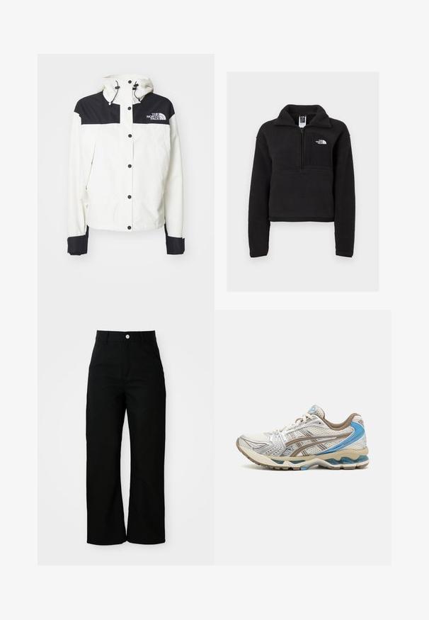 Hvid jakke med en sort overlåsning og skuldre, der har hætte, trykknapper og sorte manchetter. The North Face-logoet er på brystet.; Sort fleece pullover med en kvart lynlås, høj krave og en brystlomme med et hvidt logo. Blød tekstur og cropped design.; Sorte højtaljede bukser med lige ben, forlommer, bæltestropper og sølvfarvet knaplukning på hvid baggrund.; Hvid og beige løbesko med blå accenter, netoverdel, polstret sål og snørelukning, vist fra ydersiden.