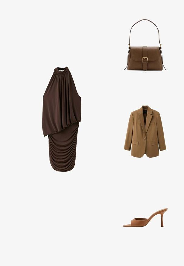 Blazer marron à bouton unique avec fines rayures, revers crantés, deux poches avant à rabat et une poche poitrine passepoilée.; Robe midi marron foncé sans manches avec col haut, haut drapé ample et bas de jupe froncé et ajusté.; Mule ouverte en cuir marron avec un talon haut fin et une large bride à l'avant, vue de profil sur fond blanc.; Sac à bandoulière en cuir marron avec rabat avant et boucle dorée, disposant d'une bandoulière réglable avec ferrures dorées sur fond blanc.