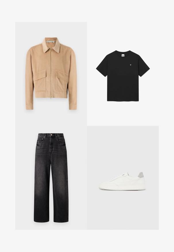 Beige Cordjacke mit Reißverschluss front, langen Ärmeln, einem Kragen und zwei Fronttaschen. Mit strukturierter Stoff und einem cropped Design.; Schwarzes T-Shirt mit kurzen Ärmeln aus Baumwolle. Verfügt über einen Rundhalsausschnitt und ein kleines Logo auf der Brust. Glatte Textur, normale Passform.; Schwarze Jeans aus Denim mit lockerer Passform, hoher Taille, fünf Taschen und sichtbarem Knopfverschluss. Sie verfügen über dezente Verblassung und ein gerades Bein-Design.; Weißer Sneaker mit niedrigem Schaft, grauem Fersenlaschen, weißen Schnürsenkeln und einer strukturierten Sohle, dargestellt vor einem schlichten hellen Hintergrund.