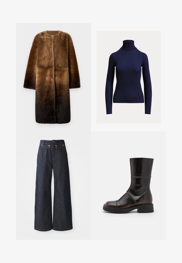 Brun faux fur frakke med rund halsudskæring, lange ærmer og en ombre-effekt, der skifter fra lys til mørk brun. Blød tekstur.; Navyblå ribstrikket langærmet polotrøje med tætsiddende silhuet på ensartet lys baggrund.; Bredde bukser lavet af mørkt denim, med høj talje, dobbeltknaplukning og kontrastsyninger langs sømmene.; MIISTA DAHLIA - Plateaustøvler - brown