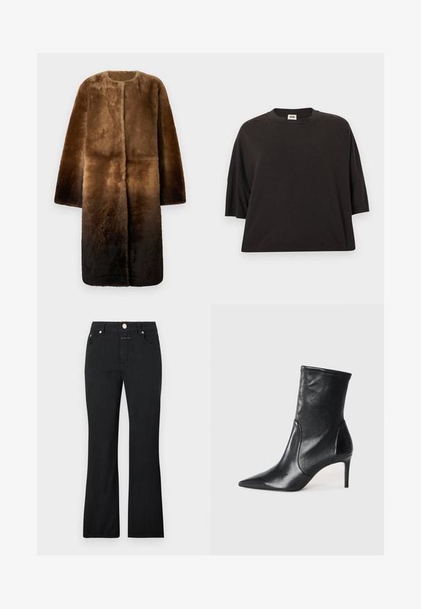 Brun faux fur frakke med rund halsudskæring, lange ærmer og en ombre-effekt, der skifter fra lys til mørk brun. Blød tekstur.; Sort oversized t-shirt lavet af bomuld, med rund hals og korte ærmer, glat tekstur og afslappet pasform.; Sort jeans med lige ben, forlommer, bæltestropper og en metallisk knaplukning i taljen.; Sorte ankelstøvler lavet af glat læder, med spids tå, tætsiddende skaft og en slank høj hæl. Minimalistisk design uden synligt hardware.
