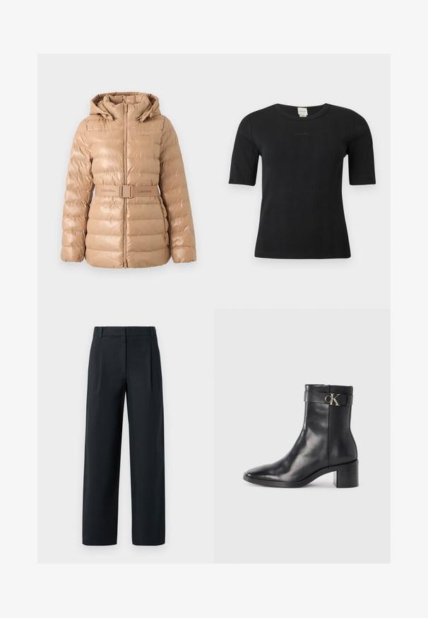 Beige pufferjack met een capuchon, met een geborduurd ontwerp en een ceintuur in de taille. Gemaakt van glanzend materiaal met een ritssluiting en een logo-accent.; Zwart geribd Calvin Klein topje met korte mouwen, een ronde halslijn en een subtiel geborduurd logo op de borst, op een effen achtergrond.; Zwarte op maat gemaakte broek met een rechte pijp, voorzien van voorplooien, een gladde textuur en ceintuurlussen. Geen zichtbare zakken.; Zwarte leren enkellaars met een spitse neus, blokhak en een bandje met een metallic logo. Gladde textuur en minimalistisch ontwerp.