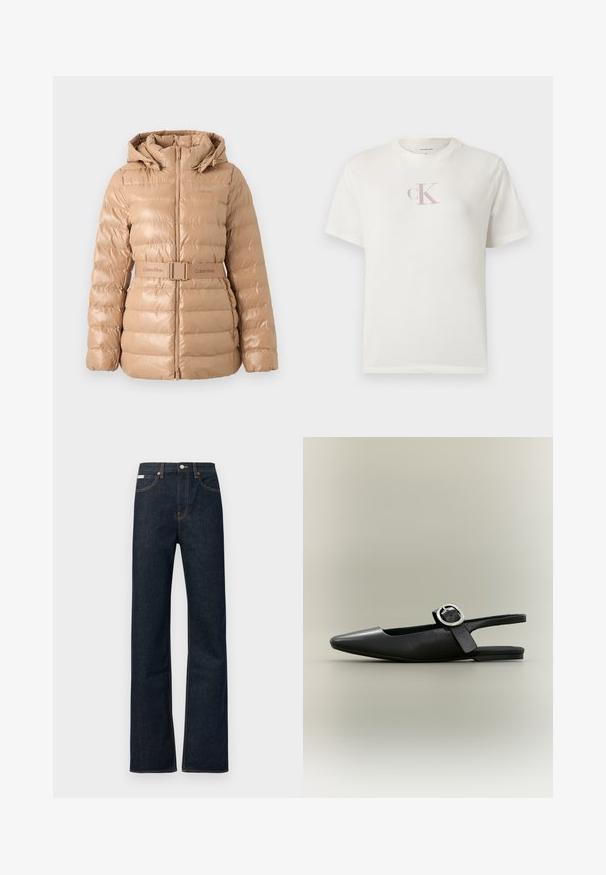 Beige pufferjack met een capuchon, met een geborduurd ontwerp en een ceintuur in de taille. Gemaakt van glanzend materiaal met een ritssluiting en een logo-accent.; Korte mouw wit katoenen T-shirt met een klein lichtroze "CK" logo op de borst en een klassieke ronde halslijn. Zachte textuur.; Donkerblauwe spijkerbroek met rechte pijpen, voorzien van oranje stiksels, een knoopsluiting aan de voorkant en een klein label op de tailleband.; Zwarte puntschoen met lage hak en zilveren gesp, slingback model op een neutrale achtergrond.
