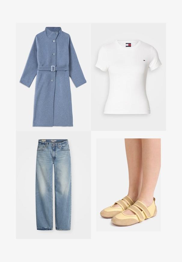 Lang lyseblå uldfrakke med ståkrave, lange ærmer, frontknapper og matchende bælte med rektangulært spænde.; Hvid bomulds t-shirt med korte ærmer, rund halsudskæring, med et lille logo på brystet. Glat tekstur, tætsiddende silhuet.; Lyseblå vidde jeans lavet af denim. Har en knap- og lynlåslukning, fem lommer og en falmet finish med en let slidt kant.; Fødder iført gul-beige Mary Jane-stil sko med to brede justerbare stropper og teksturerede gummisåler.