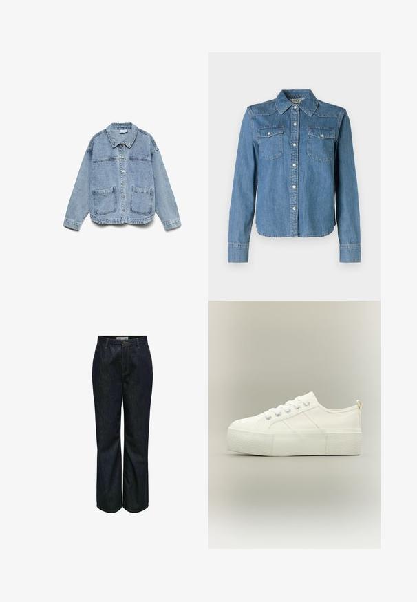 Lyseblå denimjakke med lange ærmer, knaplukning foran, krave og to forlommer.; Denimskjorte med en lys blå nuance, klassisk krave og to brystlommer. Den har trykknapper og lange ærmer med knapmanchetter.; Mørkeblå denimjeans med en afslappet pasform, lige ben og subtil syning. Har en knap- og lynlåslukning samt fem-lomme-design.; Hvid platform sneaker med tyk struktureret sål, snørelukning foran og subtile syningsdetaljer på en neutral baggrund.