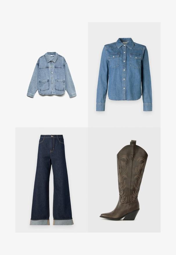 Lyseblå denimjakke med lange ærmer, knaplukning foran, krave og to forlommer.; Denimskjorte med en lys blå nuance, klassisk krave og to brystlommer. Den har trykknapper og lange ærmer med knapmanchetter.; Bredde ben mørk denim jeans med orange syninger, med høj talje, to forlommer og opbrettede manchetter, der viser et lysblåt kontraststof.; Brune læder cowboystøvle med spids tå, kilehæl og dekorativ broderi. Har en høj stok og en trækflap.