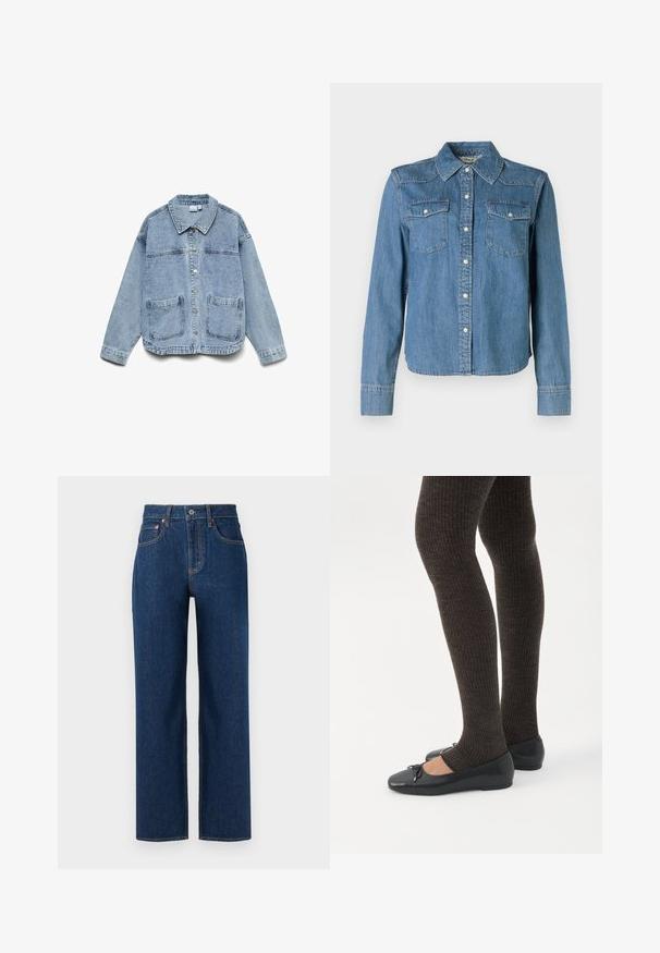 Lyseblå denimjakke med lange ærmer, knaplukning foran, krave og to forlommer.; Denimskjorte med en lys blå nuance, klassisk krave og to brystlommer. Den har trykknapper og lange ærmer med knapmanchetter.; Mørkeblå denimjeans med lige ben-design, der har orange syninger, fem lommer og en klassisk knaplukning.; Ben iført mørke ribbede leggings kombineret med sorte balletsko med små sløjfedetaljer på hvid baggrund.