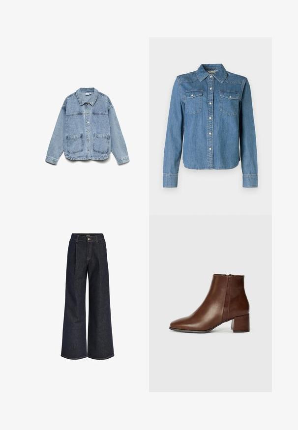 Lyseblå denimjakke med lange ærmer, knaplukning foran, krave og to forlommer.; Denimskjorte med en lys blå nuance, klassisk krave og to brystlommer. Den har trykknapper og lange ærmer med knapmanchetter.; Mørkeblå vidde jeans i denim med plisseringer, knaplukning og bæltestropper, vist mod en hvid baggrund.; Brune læder ankelstøvler med spids tå og blokhæl. Har en lynlås i siden og en glat overflade med minimal syning.