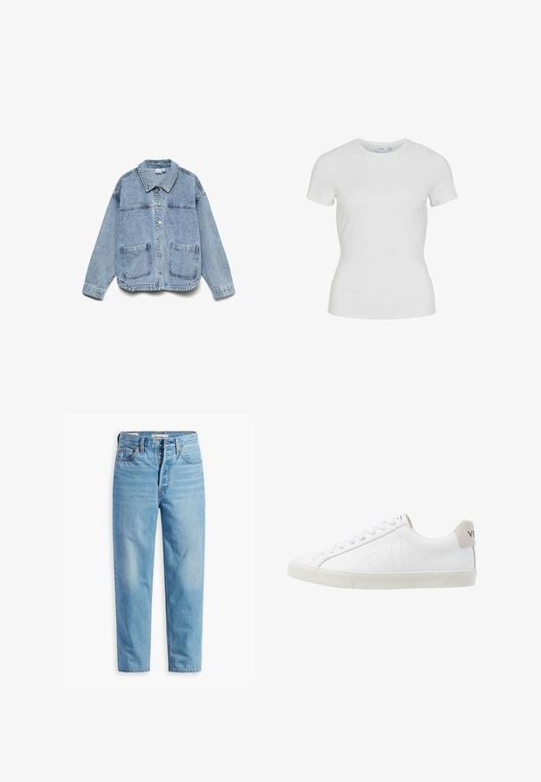 Lyseblå denimjakke med lange ærmer, knaplukning foran, krave og to forlommer.; Hvid tætsiddende T-shirt med korte ærmer og rund hals med et lille mærke med brandnavn indeni ved halskanten.; Lyseblå højtaljede straight-leg denimjeans med knaplukning og femlomme-design, vist fladt på en hvid baggrund.; Hvide lædersneakers med en struktureret off-white gummi sål. Funktioner inkluderer snørebånd, diskrete sømme og en grå ruskindsdetalje ved hælen.