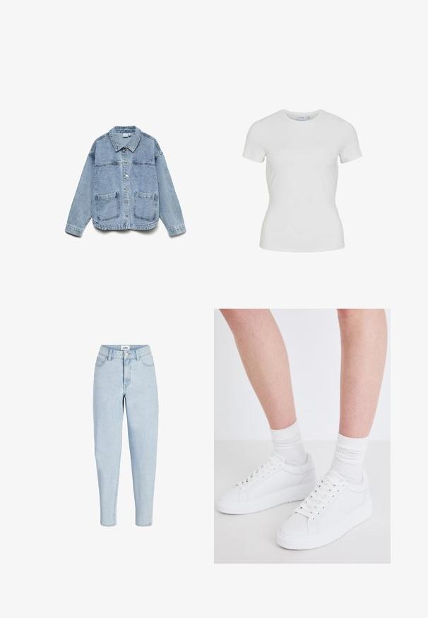 Lyseblå denimjakke med lange ærmer, knaplukning foran, krave og to forlommer.; Hvid tætsiddende T-shirt med korte ærmer og rund hals med et lille mærke med brandnavn indeni ved halskanten.; Lyseblå høj-talje jeans med frontknap og lynlås, fem-lommer stil og tilspidsede ben.; Copenhagen Studios CPH72 - Sneakers - white