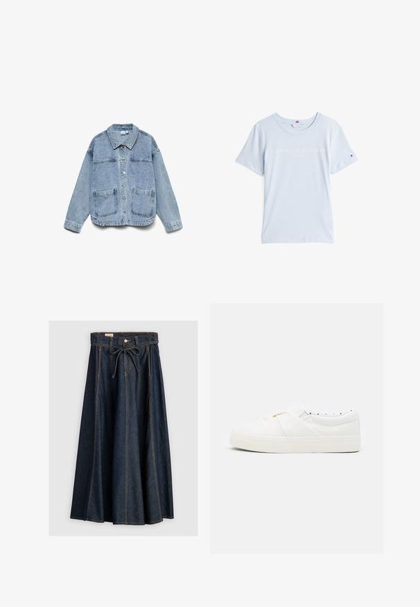 Hellblaue Jeansjacke mit langen Ärmeln, Knopfleiste, Kragen und zwei aufgesetzten Fronttaschen.; Helles blaues Baumwoll-T-Shirt mit Rundhalsausschnitt, auf der Vorderseite mit dem weißen Schriftzug "TOMMY HILFIGER EST. 1985" und einem kleinen Logo-Akzent am Ärmel.; Levi's® XL SKIRT - Jeansrock - square circle; Canvas Slipper-Sneaker in Weiß mit einem geknoteten Detail im Obermaterial, strukturiertem Gummisole und gepunktetem Innenfutter.
